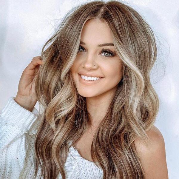 Western-style synthetic wig for women: long, curly hair with a center part, long bangs, and a gradient color finish.