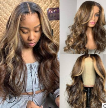 New Women's Long Curly Wig – Center Part, Ombré Yellow, Large Waves, Rose Net Cap