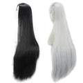 New African-style black long straight wig for women; center-parted, machine-made from high-temperature synthetic fiber.