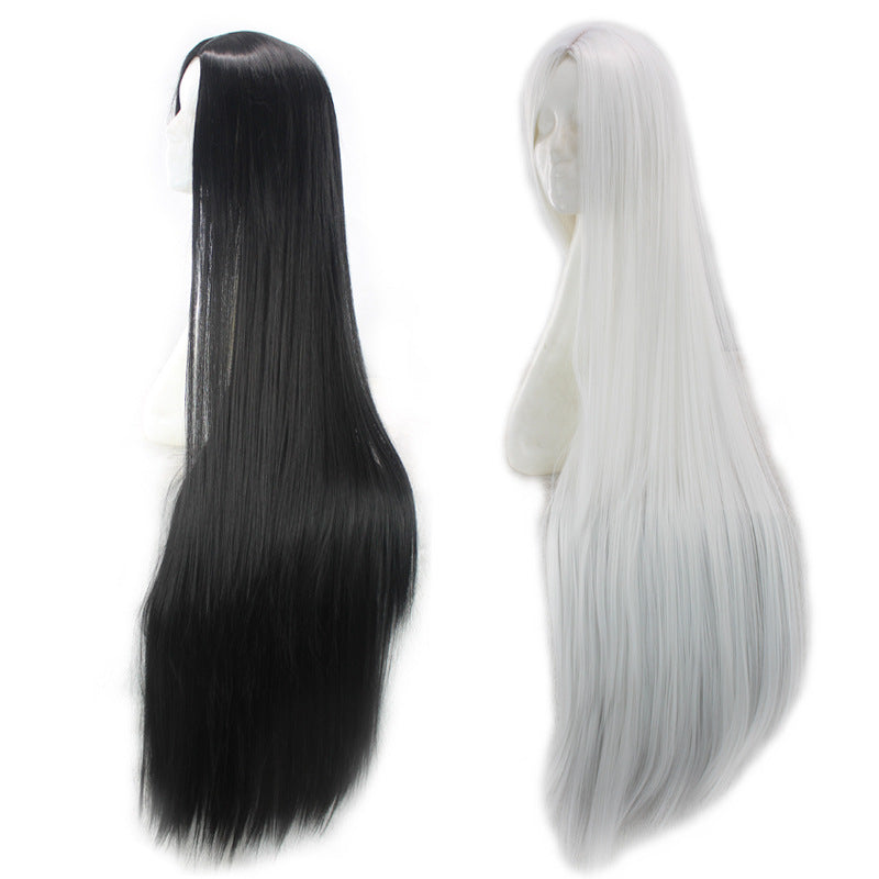 New African-style black long straight wig for women; center-parted, machine-made from high-temperature synthetic fiber.