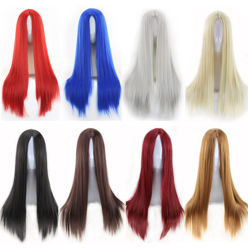 New African-style black long straight wig for women; center-parted, machine-made from high-temperature synthetic fiber.