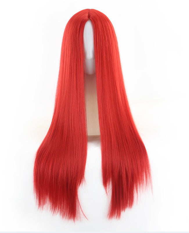 New African-style black long straight wig for women; center-parted, machine-made from high-temperature synthetic fiber.