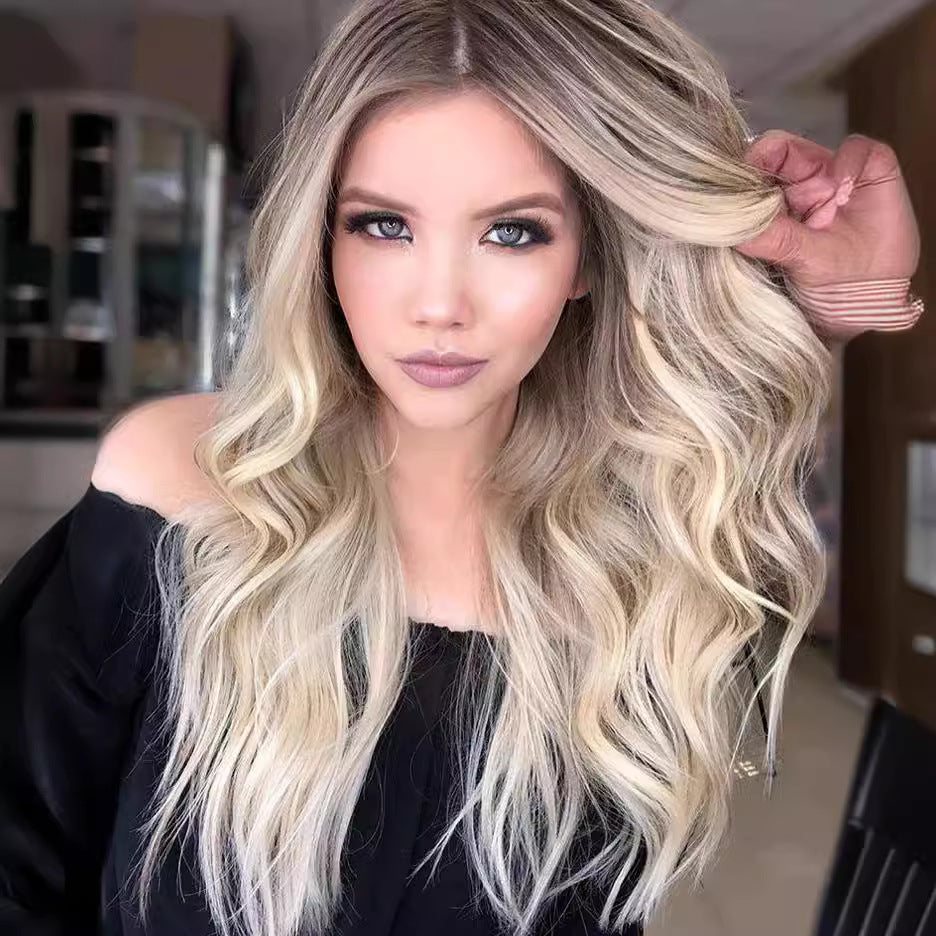 New Women's Long Curly Wig – Center Part, Ombré Yellow, Large Waves, Rose Net Cap