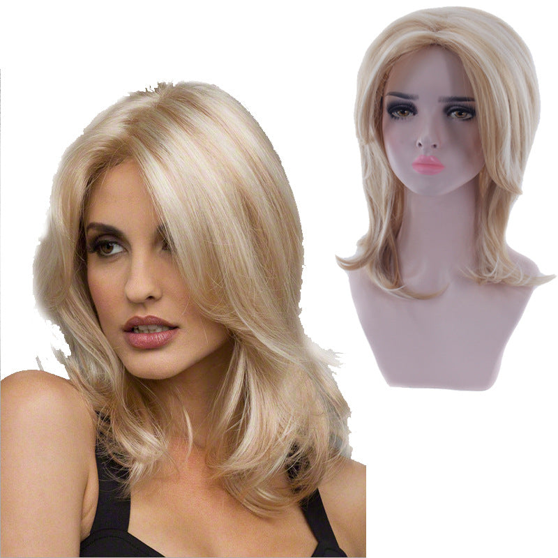 Western-style synthetic wig for women: long, curly hair with a center part, long bangs, and a gradient color finish.