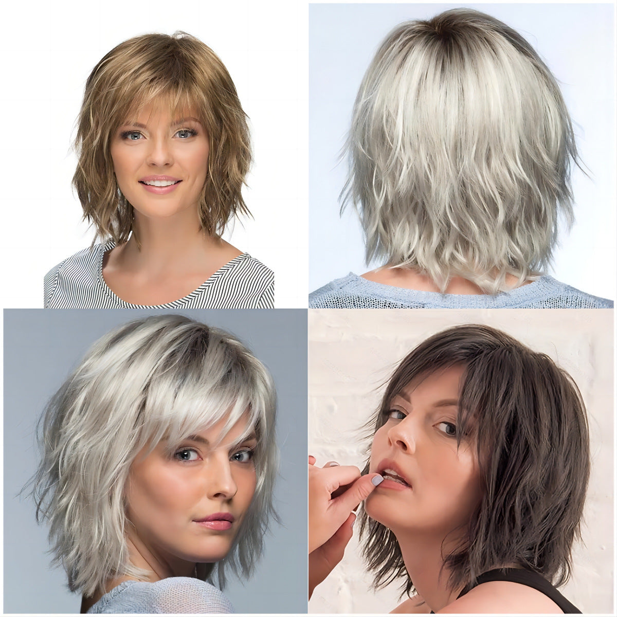 New Western-style women's wig: short, curly, side-parted bob in a trendy gradient platinum-blonde shade.
