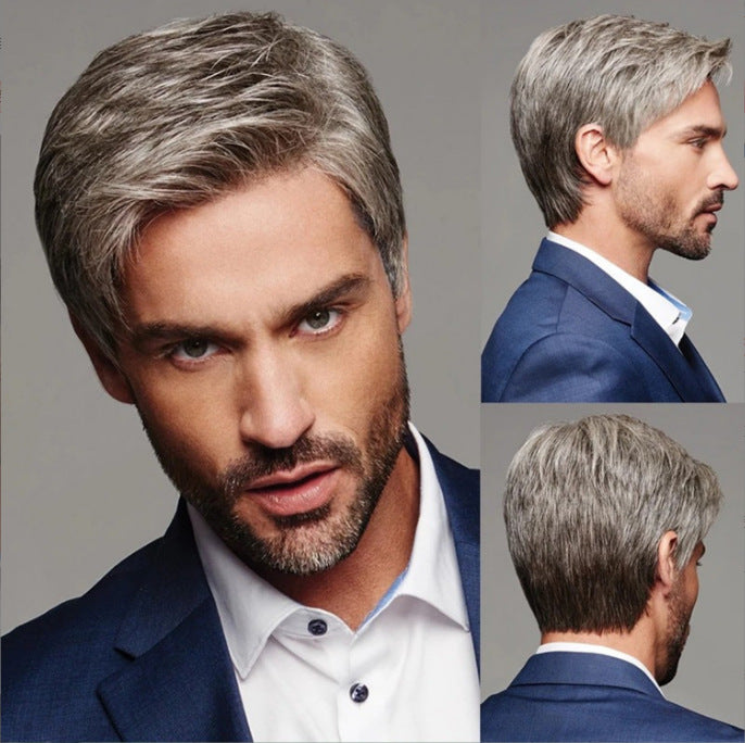 Men's short, straight wig in a Western-style silver-grey gradient; made of high-temperature synthetic fiber.
