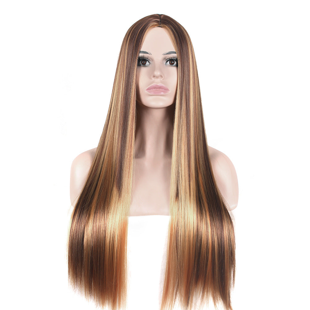 Women's Long Straight Wig – Brown-to-Gold Ombré with Rose Net Cap