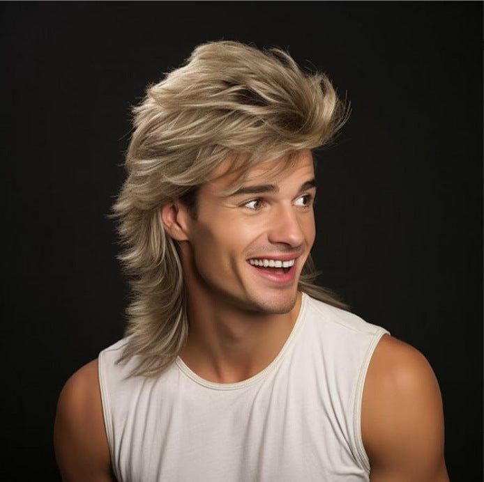Men's 80s-style long reddish-brown wig with voluminous, shaggy layers