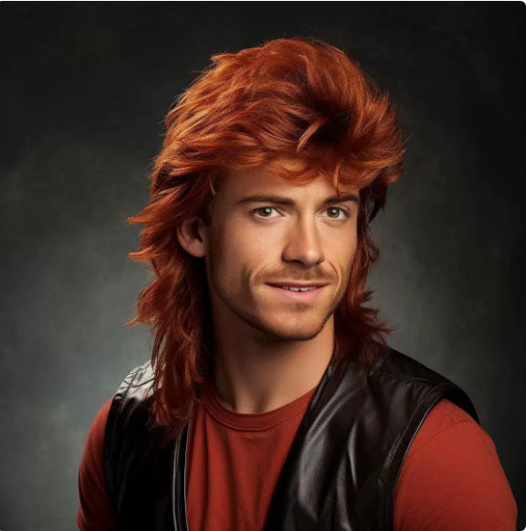 Men's 80s-style long reddish-brown wig with voluminous, shaggy layers