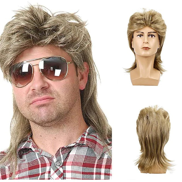 Men's Brown Curly Mullet Wig – 80s Retro Cosplay & Halloween Wig