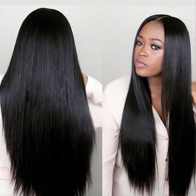 New African-style black long straight wig for women; center-parted, machine-made from high-temperature synthetic fiber.