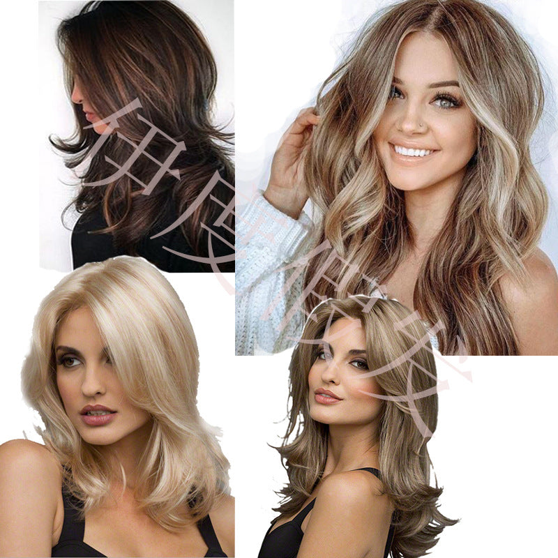 Western-style synthetic wig for women: long, curly hair with a center part, long bangs, and a gradient color finish.