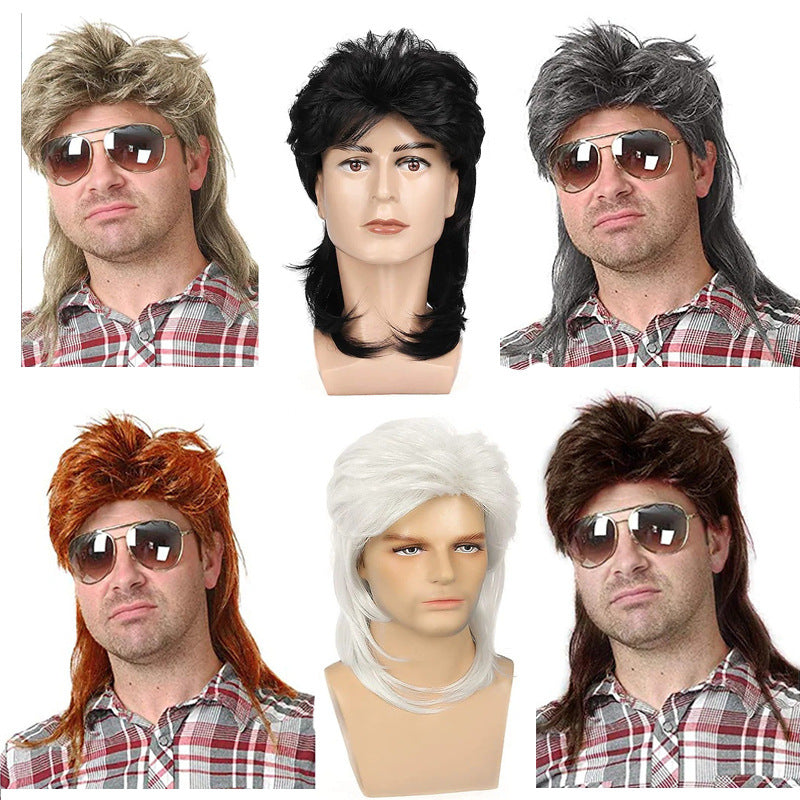 Men's Brown Curly Mullet Wig – 80s Retro Cosplay & Halloween Wig