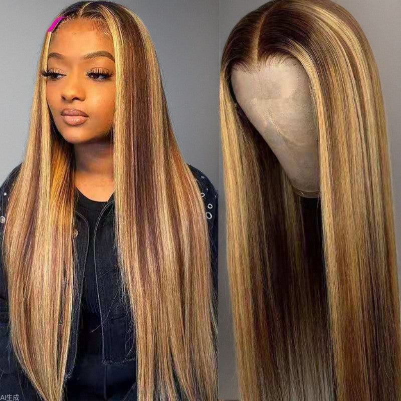 Women's Long Straight Wig – Brown-to-Gold Ombré with Rose Net Cap