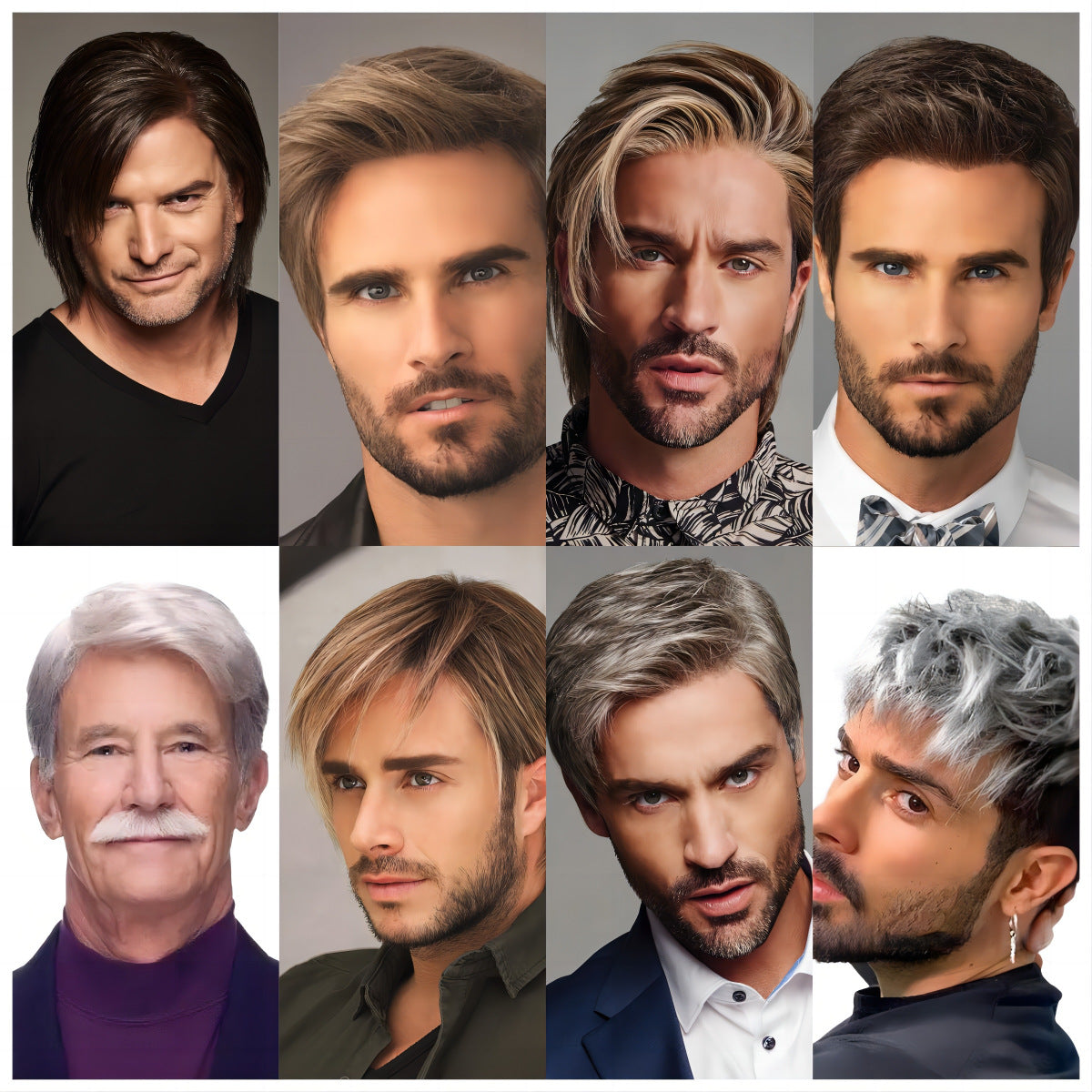 Men's short, straight wig in a Western-style silver-grey gradient; made of high-temperature synthetic fiber.