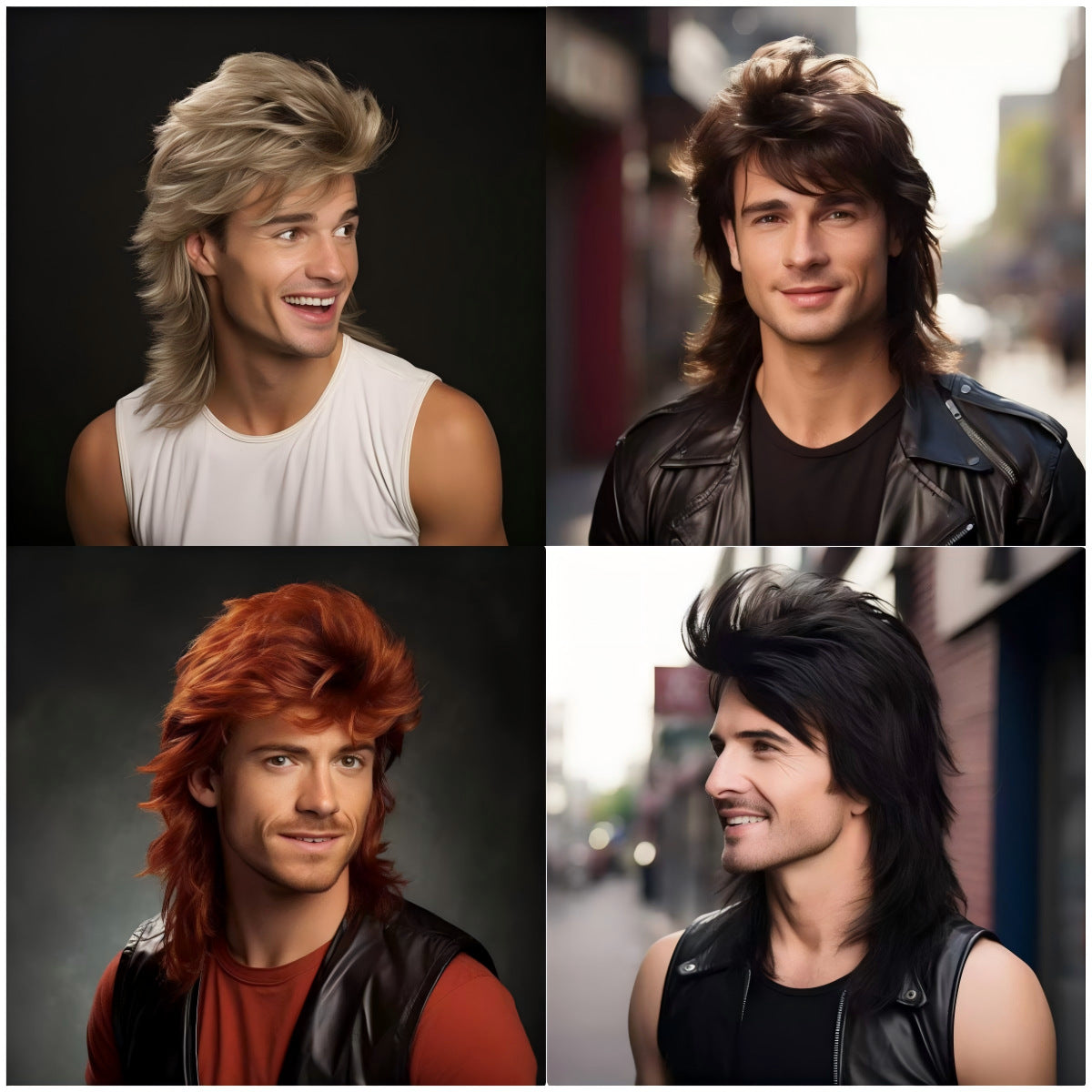 Men's 80s-style long reddish-brown wig with voluminous, shaggy layers