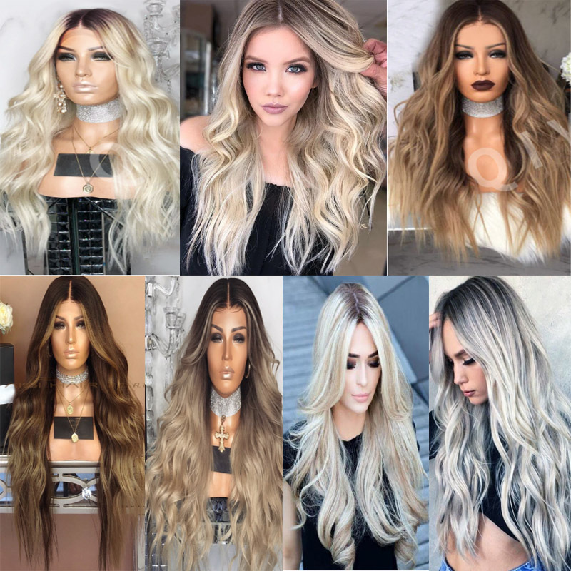 New Women's Long Curly Wig – Center Part, Ombré Yellow, Large Waves, Rose Net Cap